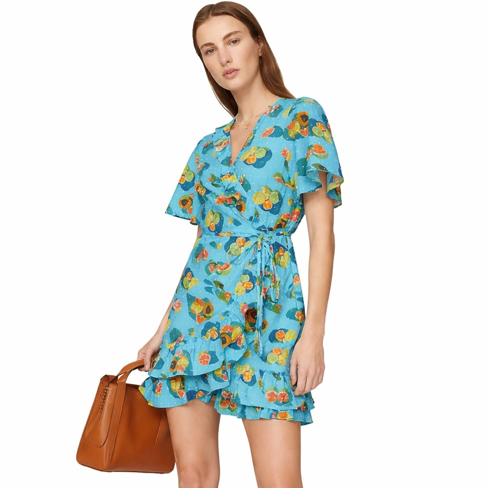 Rachel Antonoff XS Abby Ruffle Wrap 0184 Dress Citrus blue 100% cotton mini